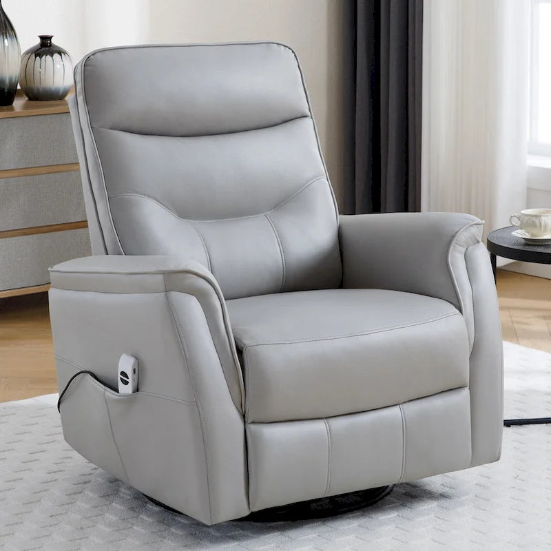Sillón reclinable eléctrico giratorio de piel sintética beige/gris/marrón con puerto USB – 1 persona