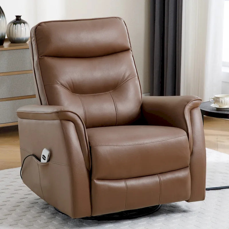 Sillón reclinable eléctrico giratorio de piel sintética beige/gris/marrón con puerto USB – 1 persona