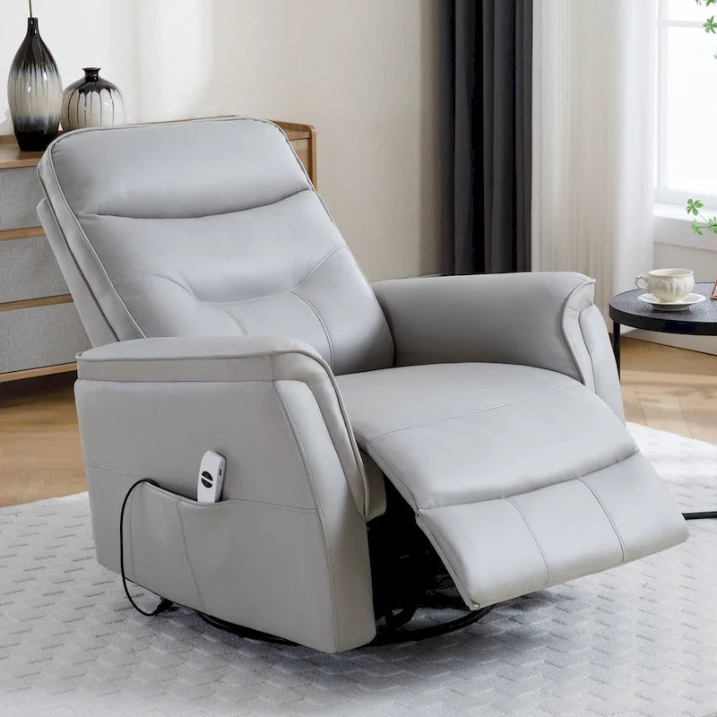 Sillón reclinable eléctrico giratorio de piel sintética beige/gris/marrón con puerto USB – 1 persona