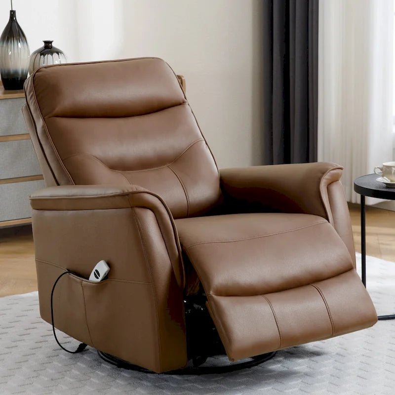 Sillón reclinable eléctrico giratorio de piel sintética beige/gris/marrón con puerto USB – 1 persona