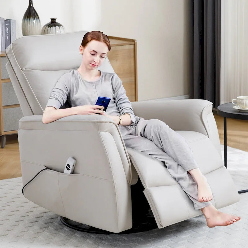 Sillón reclinable eléctrico giratorio de piel sintética beige/gris/marrón con puerto USB – 1 persona