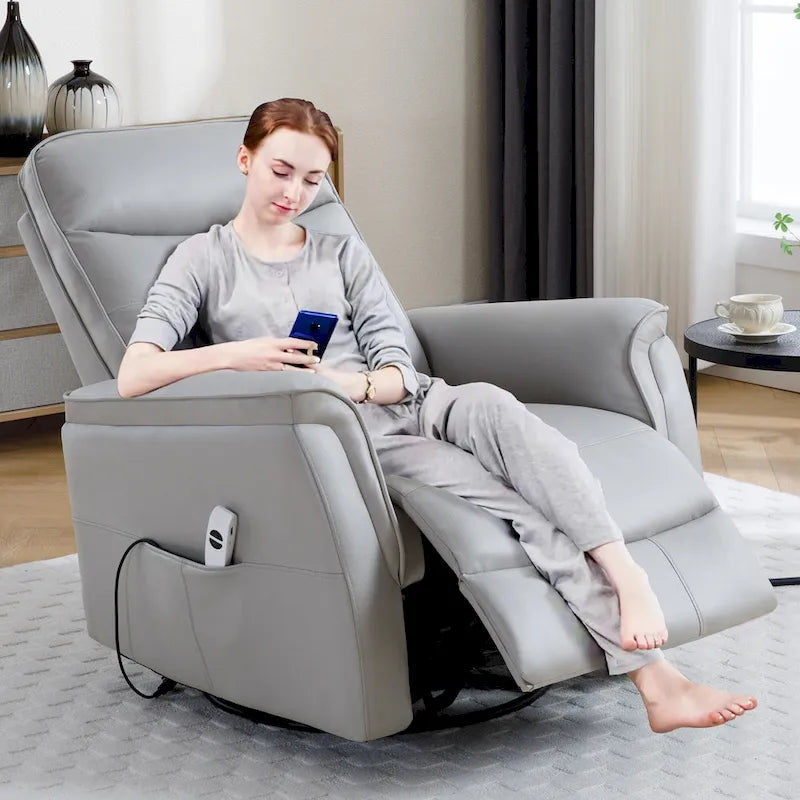 Sillón reclinable eléctrico giratorio de piel sintética beige/gris/marrón con puerto USB – 1 persona