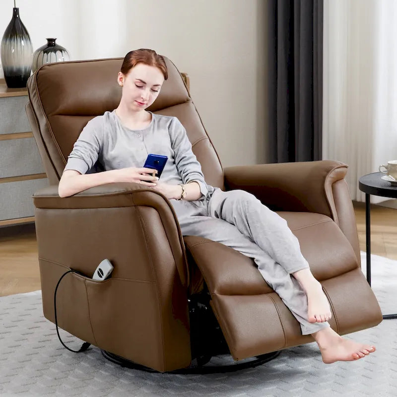 Sillón reclinable eléctrico giratorio de piel sintética beige/gris/marrón con puerto USB – 1 persona