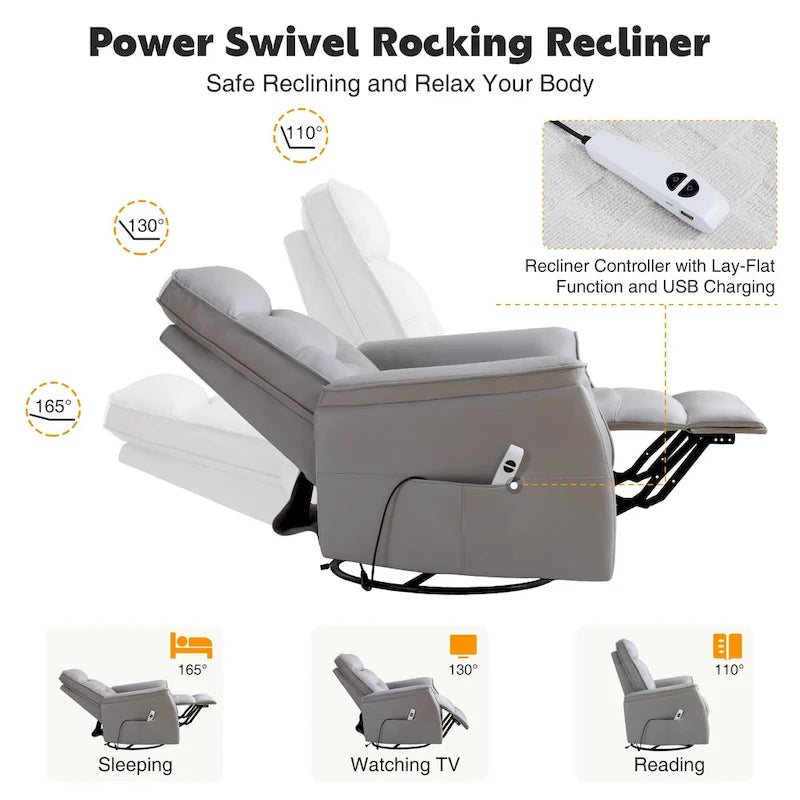 Sillón reclinable eléctrico giratorio de piel sintética beige/gris/marrón con puerto USB – 1 persona