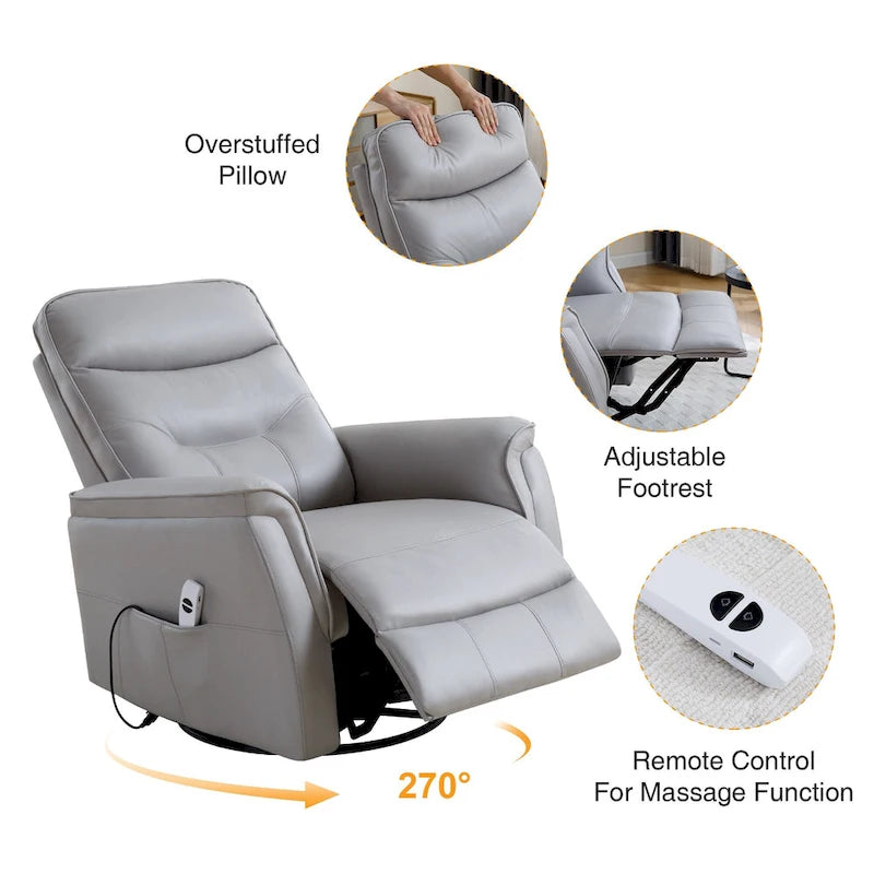 Sillón reclinable eléctrico giratorio de piel sintética beige/gris/marrón con puerto USB – 1 persona