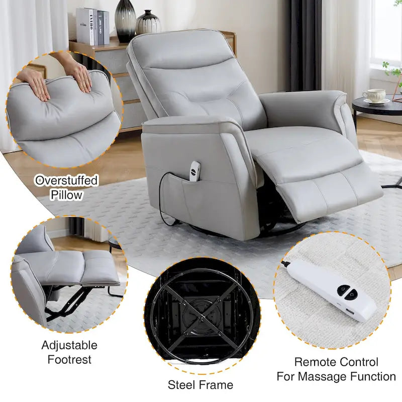 Sillón reclinable eléctrico giratorio de piel sintética beige/gris/marrón con puerto USB – 1 persona