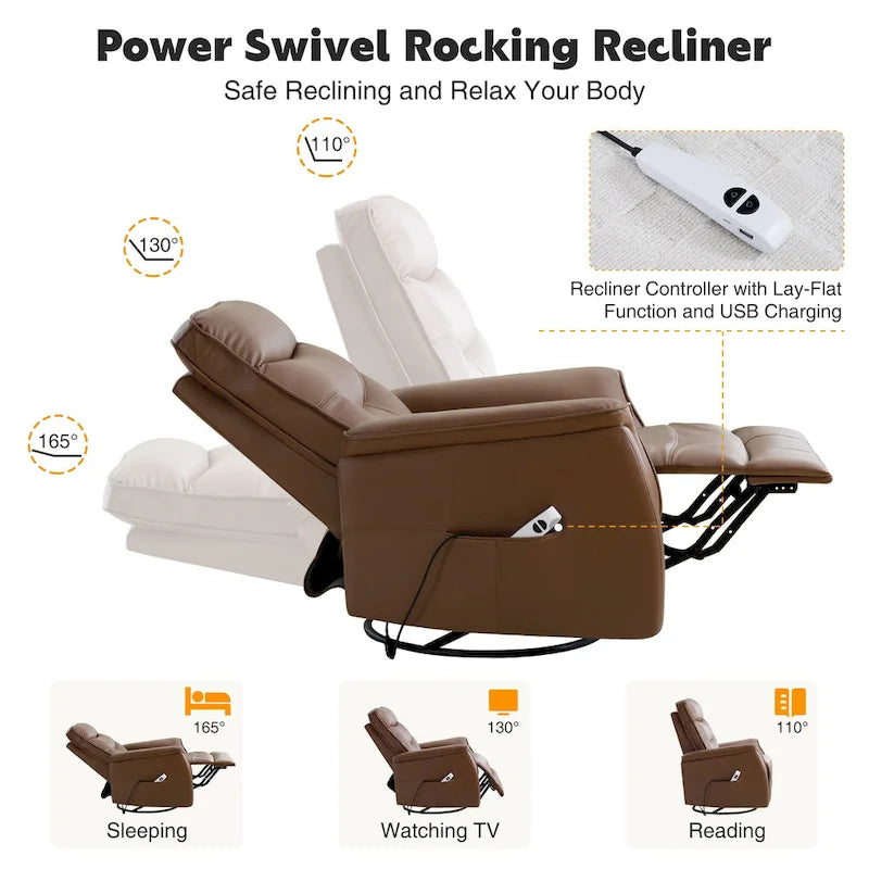 Sillón reclinable eléctrico giratorio de piel sintética beige/gris/marrón con puerto USB – 1 persona