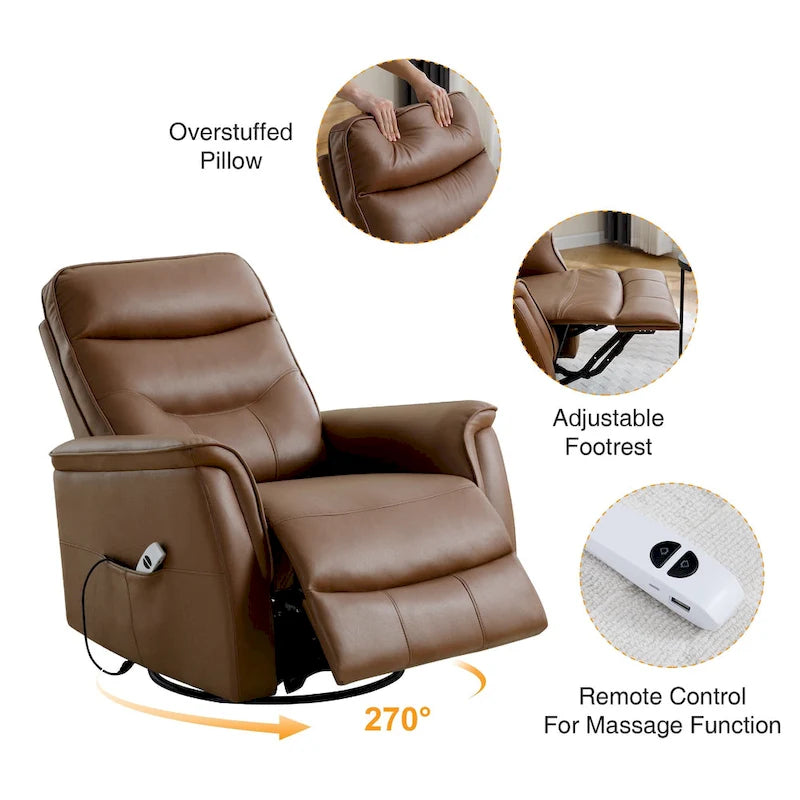 Sillón reclinable eléctrico giratorio de piel sintética beige/gris/marrón con puerto USB – 1 persona