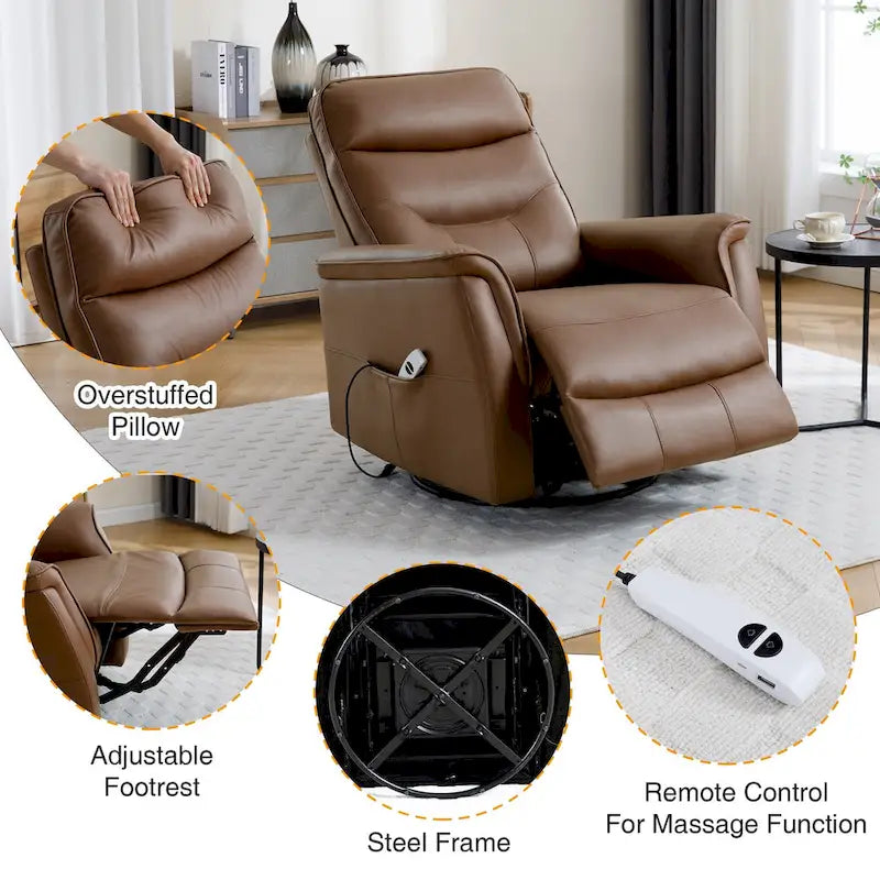 Sillón reclinable eléctrico giratorio de piel sintética beige/gris/marrón con puerto USB – 1 persona
