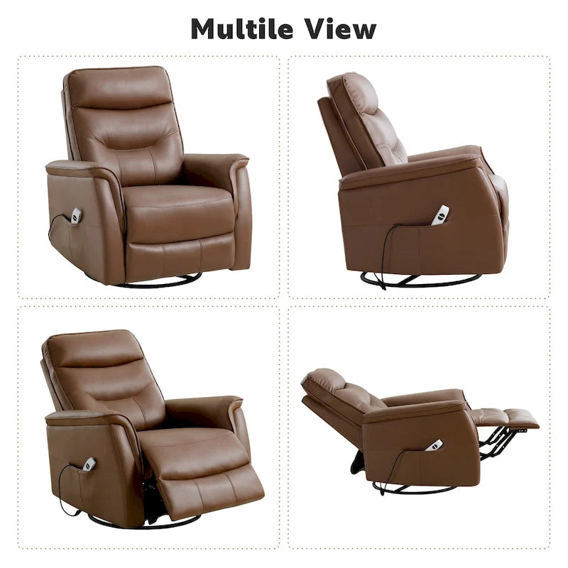 Sillón reclinable eléctrico giratorio de piel sintética beige/gris/marrón con puerto USB – 1 persona