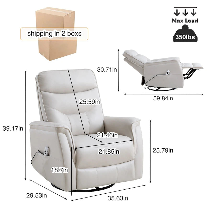 Sillón reclinable eléctrico giratorio de piel sintética beige/gris/marrón con puerto USB – 1 persona