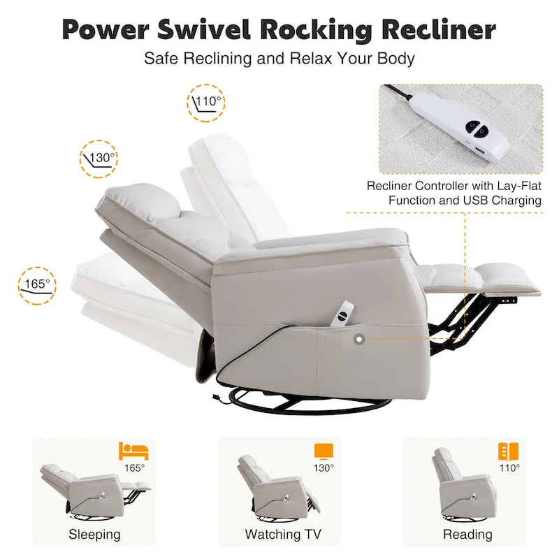 Sillón reclinable eléctrico giratorio de piel sintética beige/gris/marrón con puerto USB – 1 persona