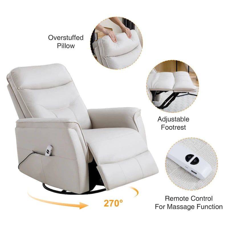 Sillón reclinable eléctrico giratorio de piel sintética beige/gris/marrón con puerto USB – 1 persona