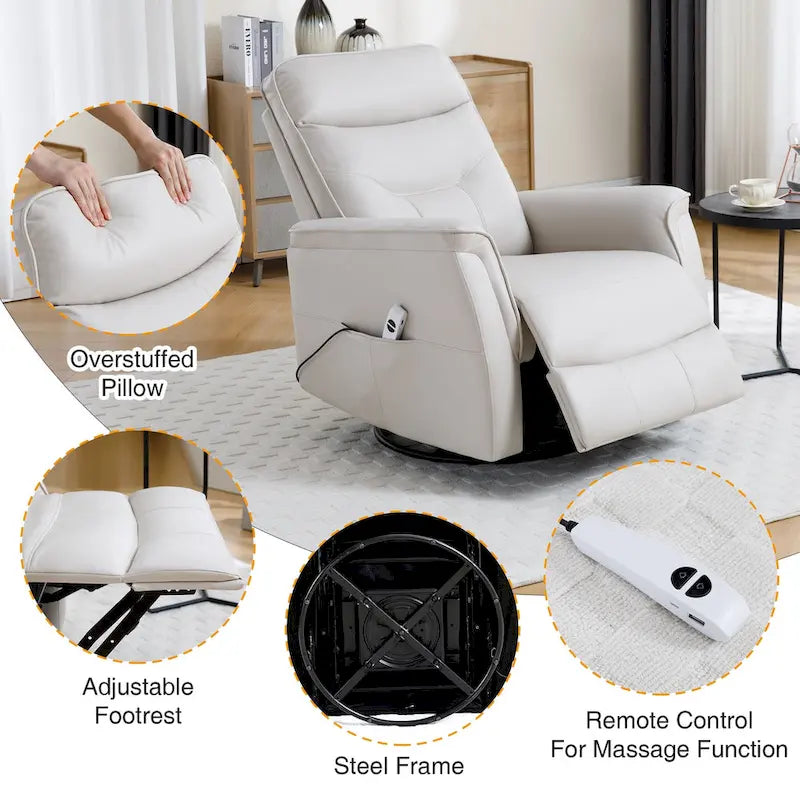 Sillón reclinable eléctrico giratorio de piel sintética beige/gris/marrón con puerto USB – 1 persona